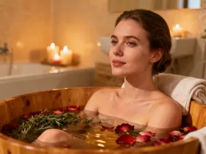 Kobieta nakłada kremowy peeling enzymatyczny na twarz w jasnej, minimalistycznej łazience.