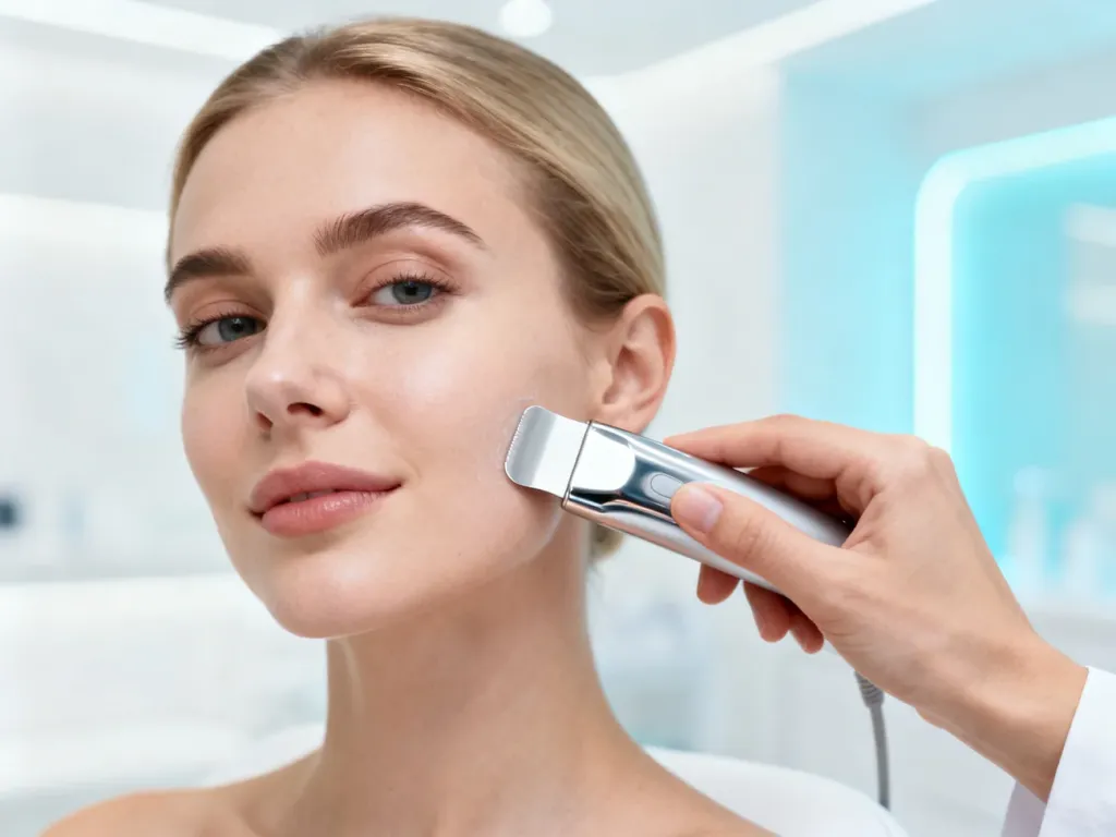 Kosmetolog wykonuje zabieg peelingu kawitacyjnego za pomocą szpatułki ultradźwiękowej na twarzy klientki w salonie spa.