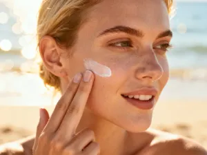 Kobieta nakłada kremowy peeling enzymatyczny na twarz w jasnej, minimalistycznej łazience.