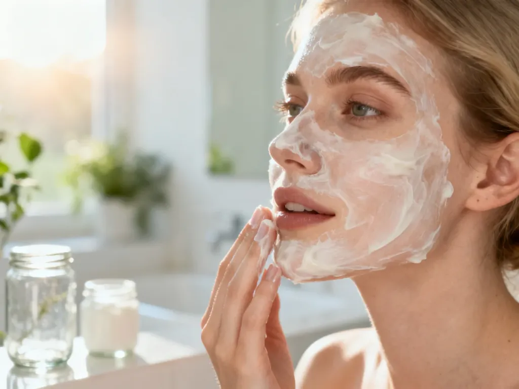 Kobieta nakłada kremowy peeling enzymatyczny na twarz w jasnej, minimalistycznej łazience.