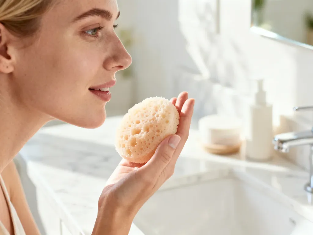 Kobieta trzymająca peeling w jasnej, nowoczesnej łazience podczas porannej pielęgnacji skóry.